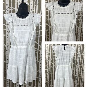 Boho White Cotton Textured Gauze Ruffle & Crochet Lace Trimmed Dress sz M